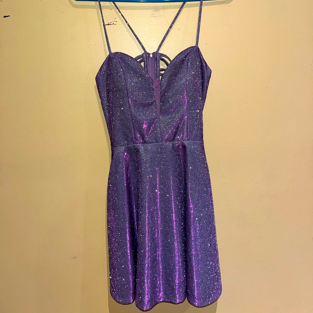 Glittery Purple Homecoming Party Dress with Back Strap Details